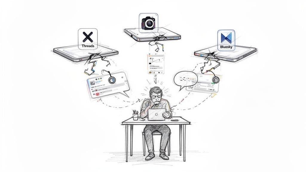 A person looks stressed while managing multiple social media platforms like Threads, camera app, and Bluesky from a laptop.