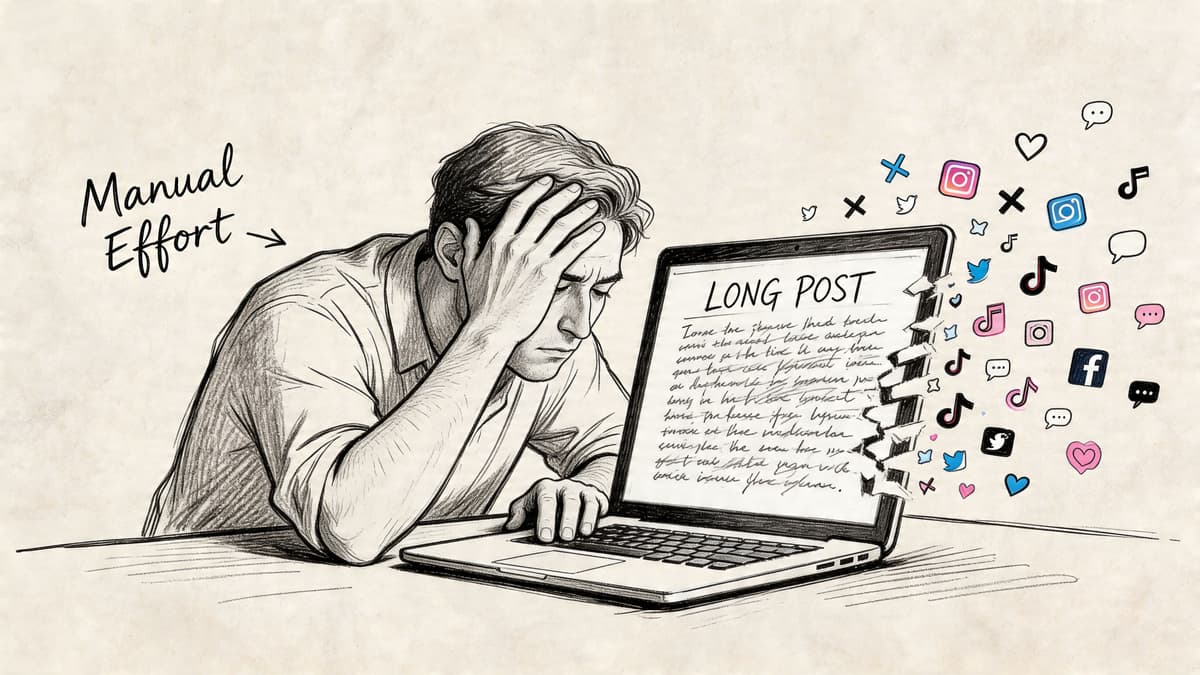 An illustration of a stressed person manually struggling to post long-form content across multiple social media platforms.