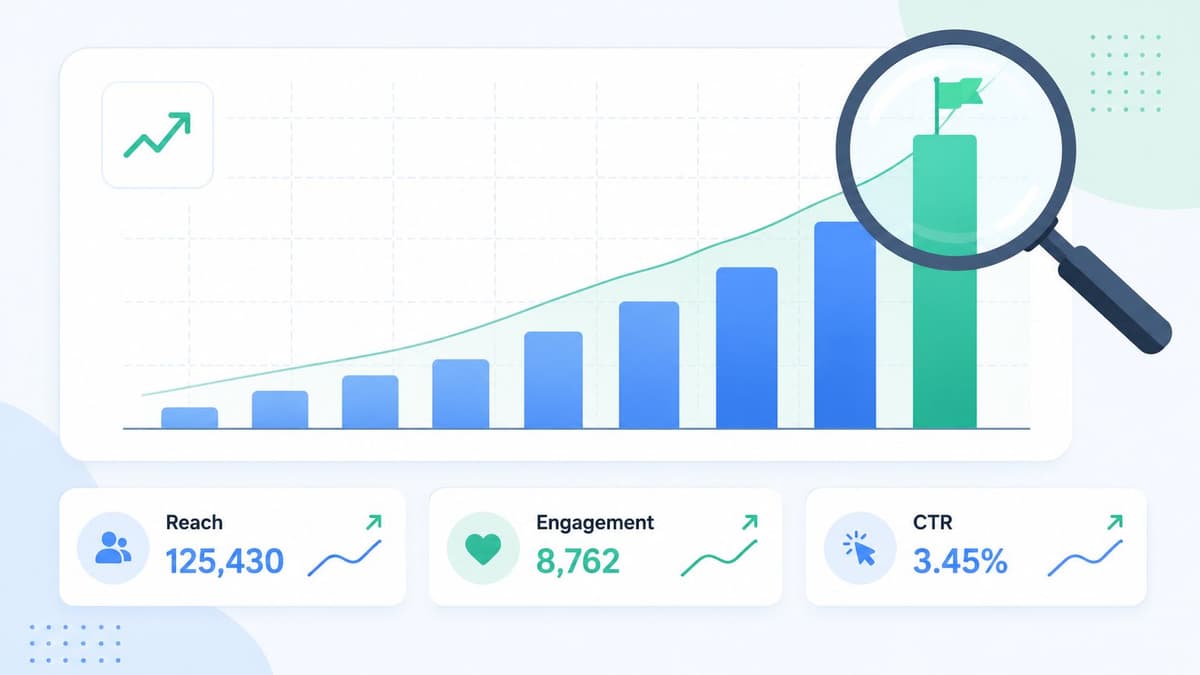A digital graphic showcasing business growth metrics including reach, engagement, and click-through rates with a magnifying glass.