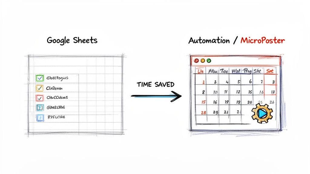 An illustration showing Google Sheets tasks automating content scheduling on a calendar, saving time.