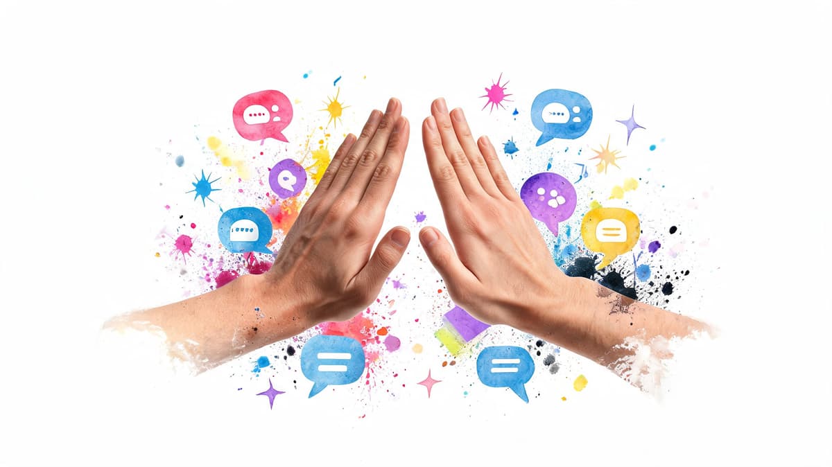 Two hands touching in a high five gesture surrounded by colorful social media speech bubble icons.