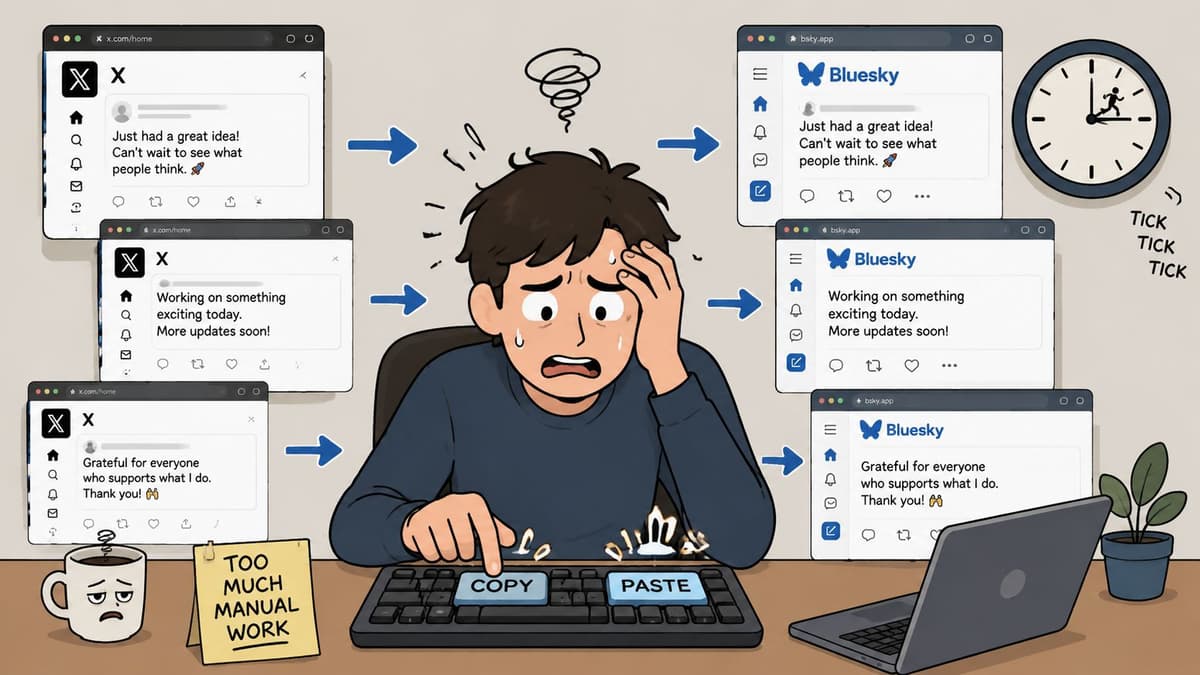 A person feeling stressed while manually copying and pasting social media posts between X and Bluesky.