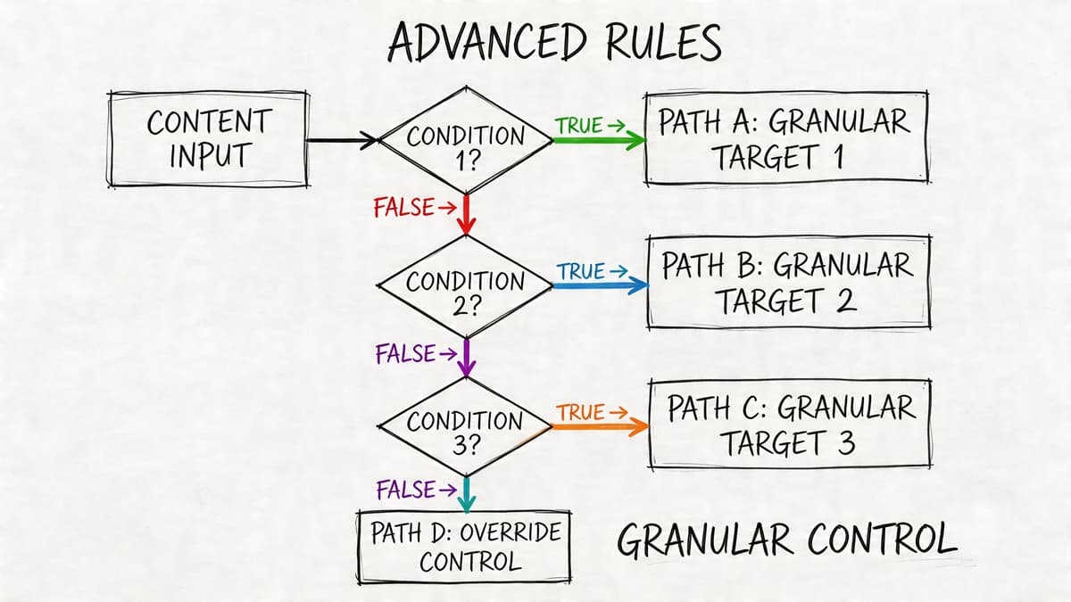 A hand-drawn flowchart illustrating an advanced rule system for content processing with multiple conditional paths.