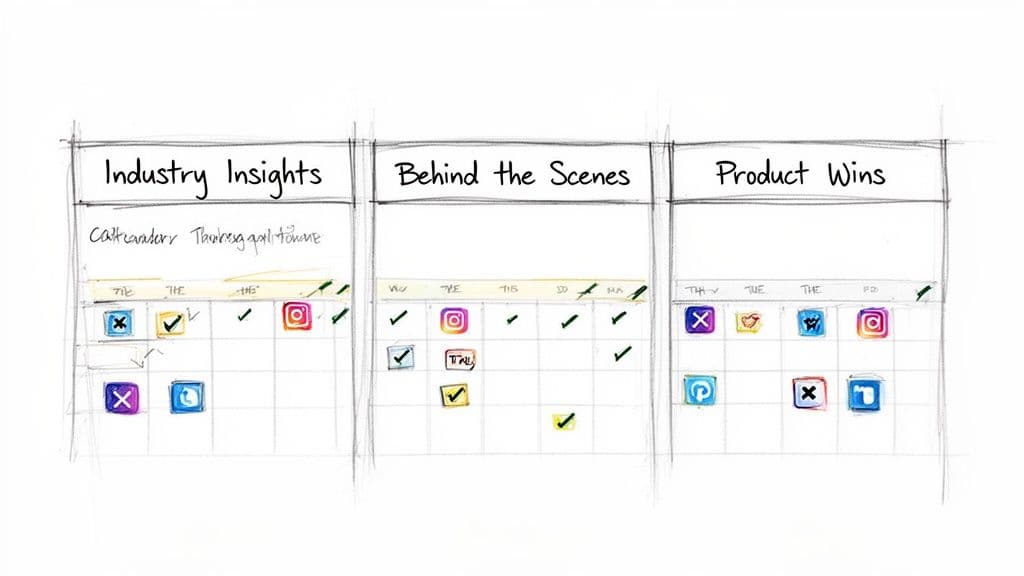 Hand-drawn content calendar with social media icons, checkmarks, and categories for planning content.