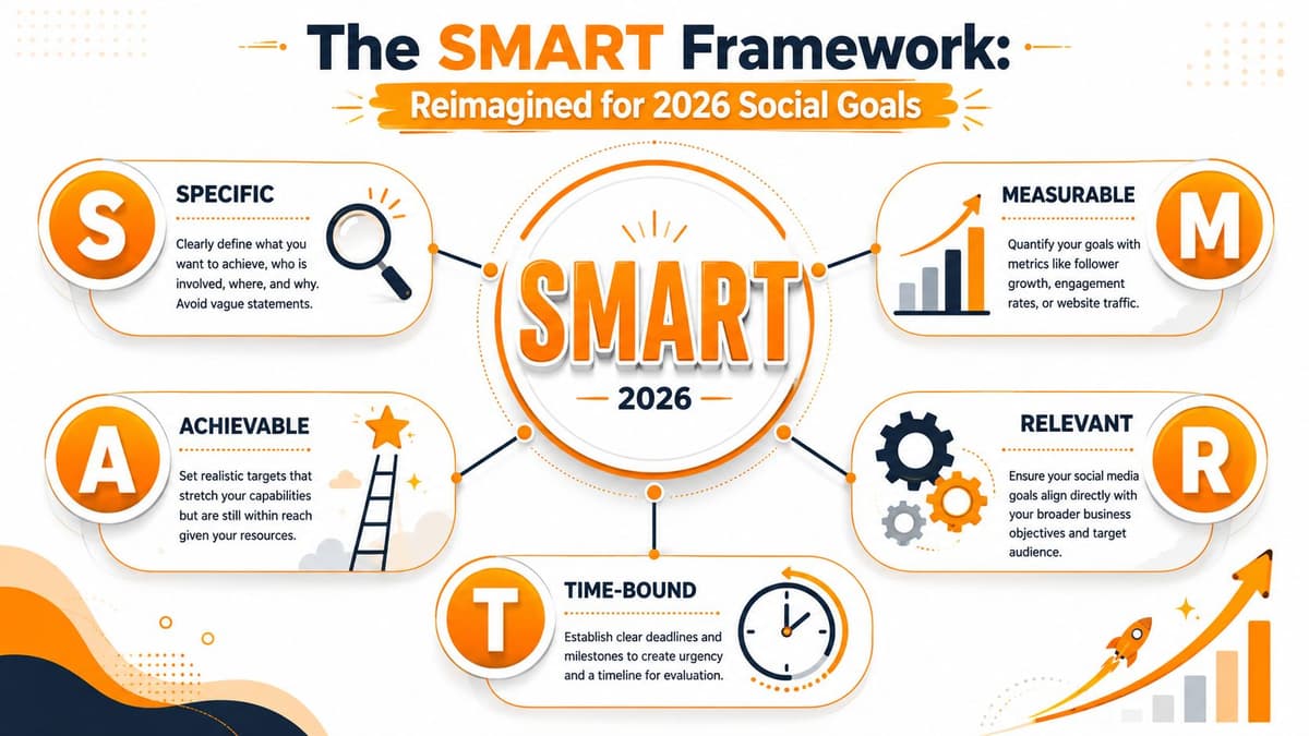 A diagram explaining the SMART framework designed for 2026 social media marketing goals with descriptive icons.