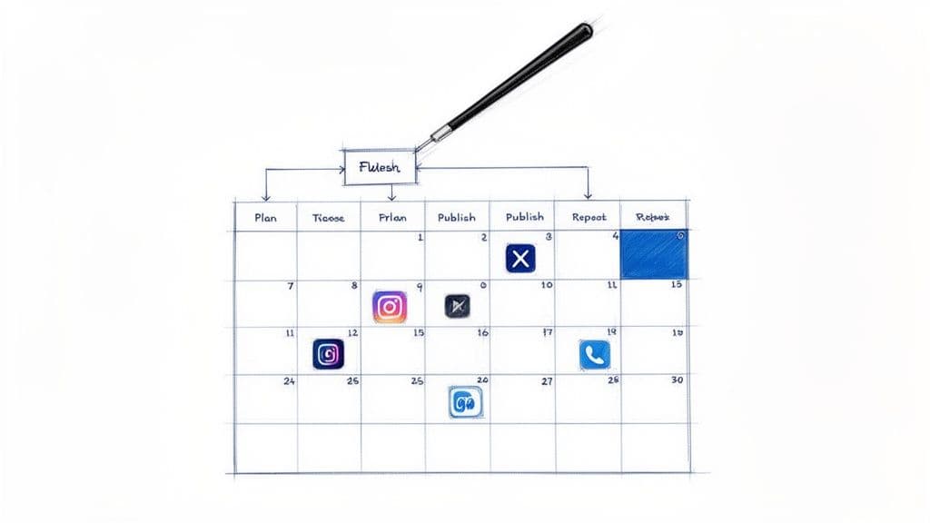 Content calendar with social media app icons, illustrating a content planning process.