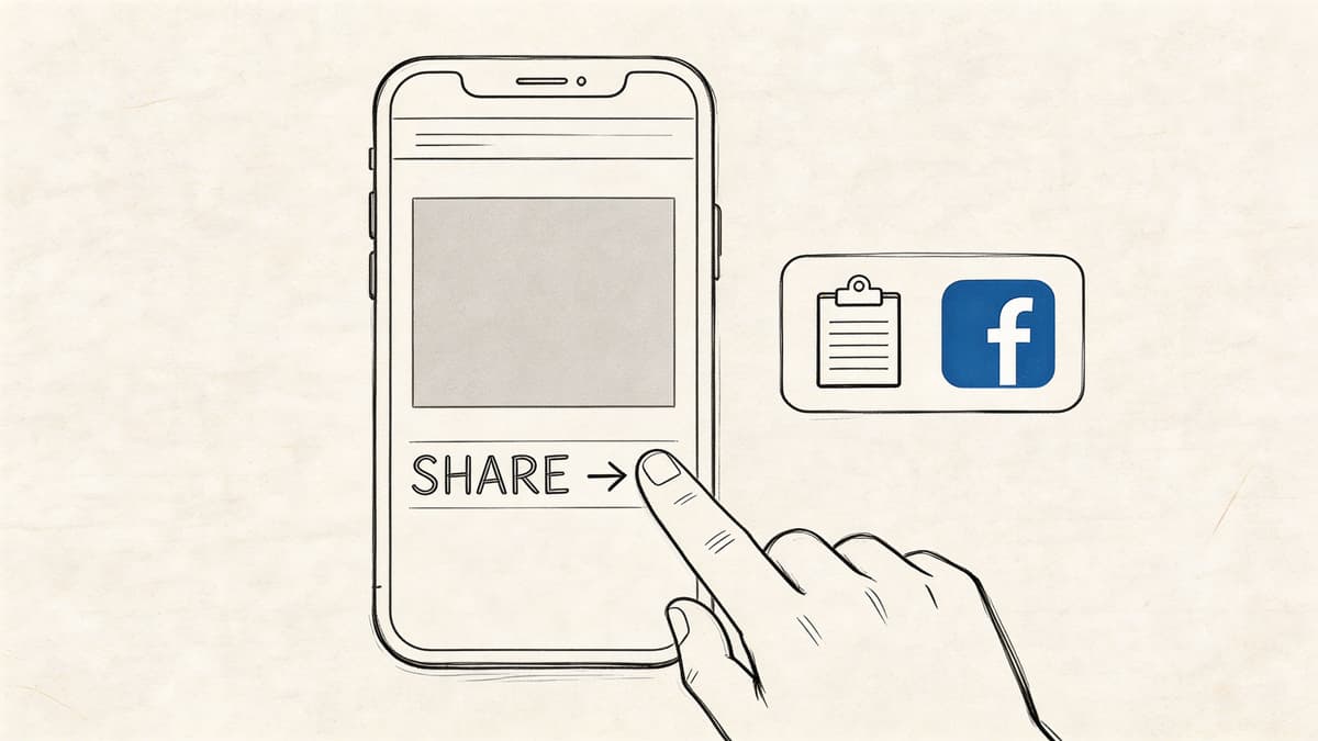 A hand tapping a share button on a mobile phone screen to post to Facebook.