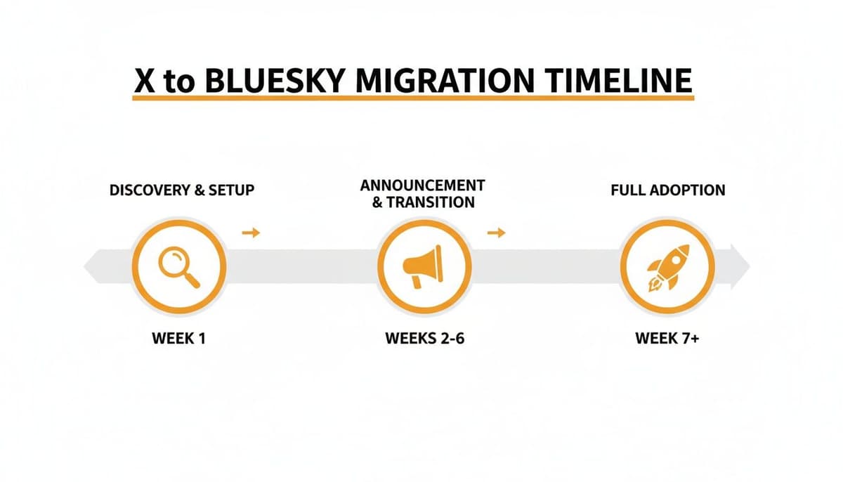Timeline illustrating the X to Bluesky migration process with three key phases: Discovery, Announcement, and Full Adoption.