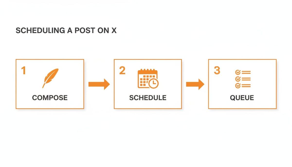 A three-step diagram illustrates how to schedule a post on X, including compose, schedule, and queue.