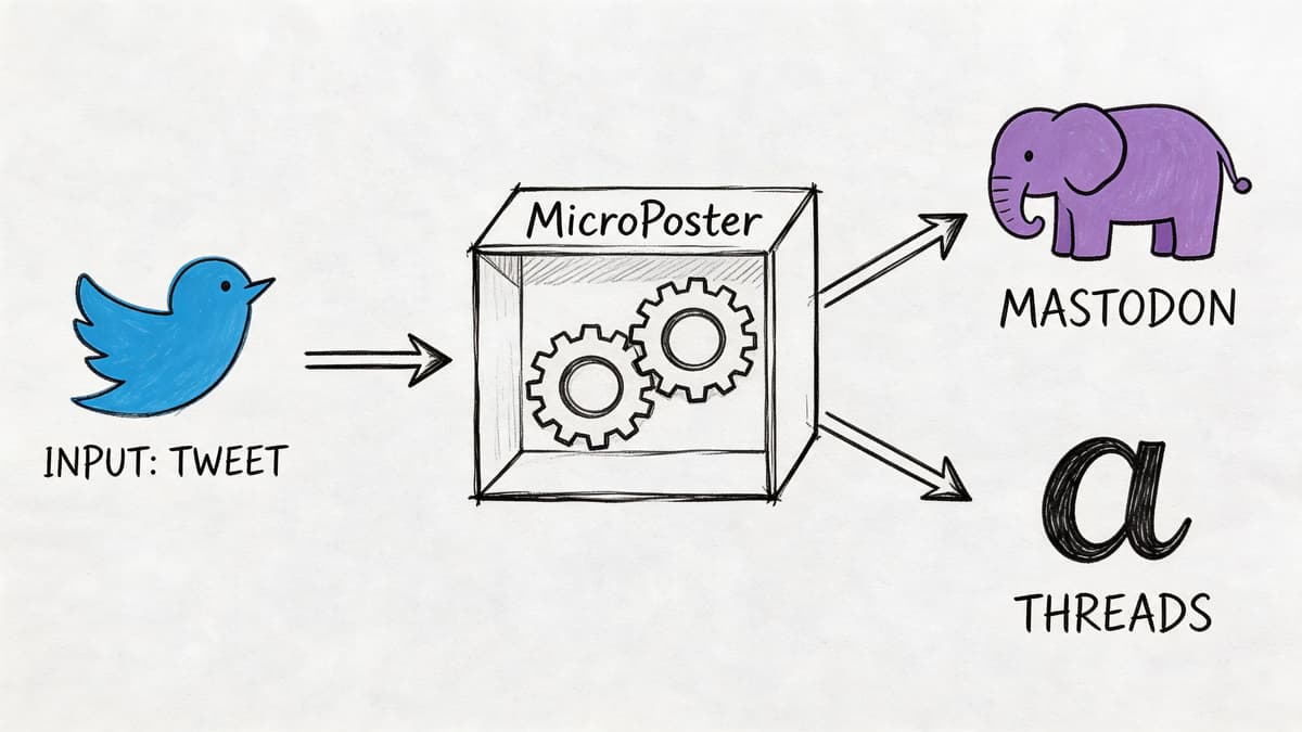 A hand-drawn illustration showing a tweet being converted by MicroPoster into posts for Mastodon and Threads.