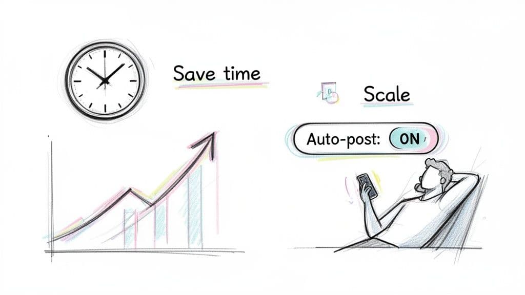 Sketches illustrating how auto-posting saves time and scales reach, with a relaxed user on a phone.