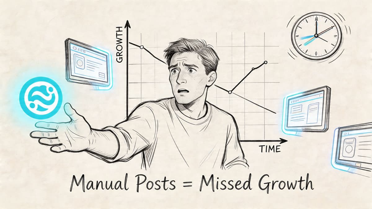 A man looks stressed at a chart showing declined growth from manual social media posting.