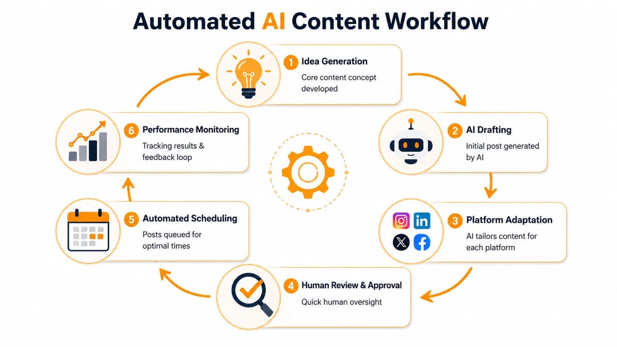 A cyclical diagram illustrating an automated AI content workflow including idea generation, drafting, platform adaptation, and performance monitoring.