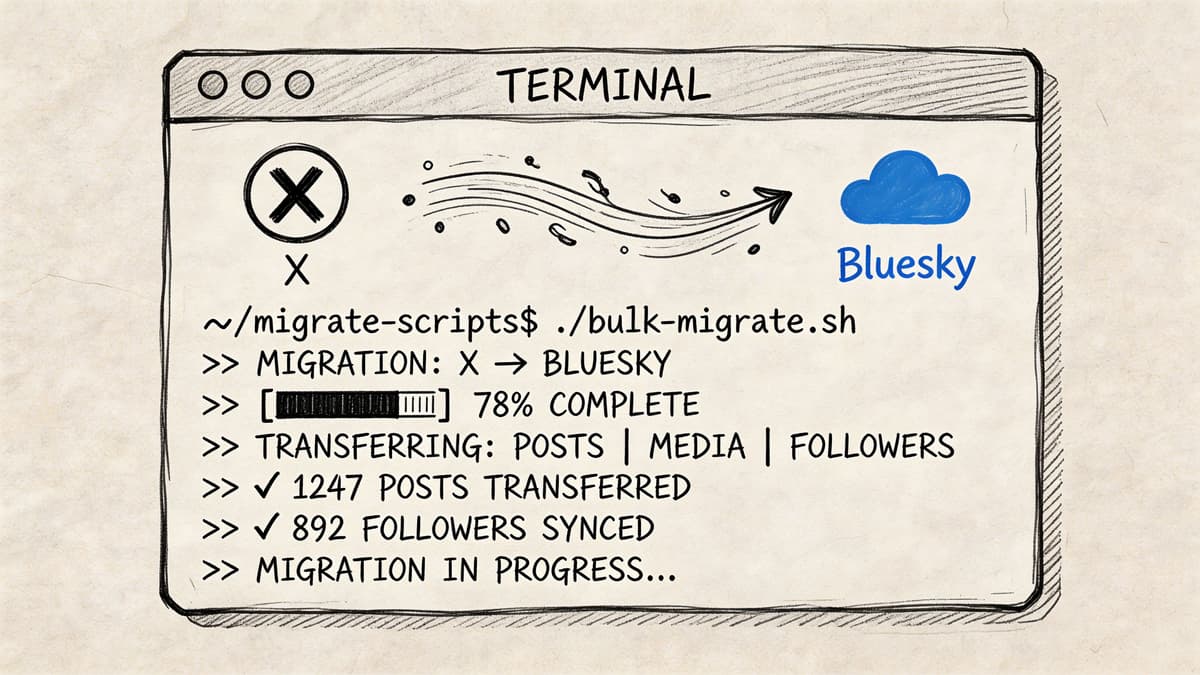 A digital terminal screen showing a bulk migration script transferring posts and followers from X to Bluesky.