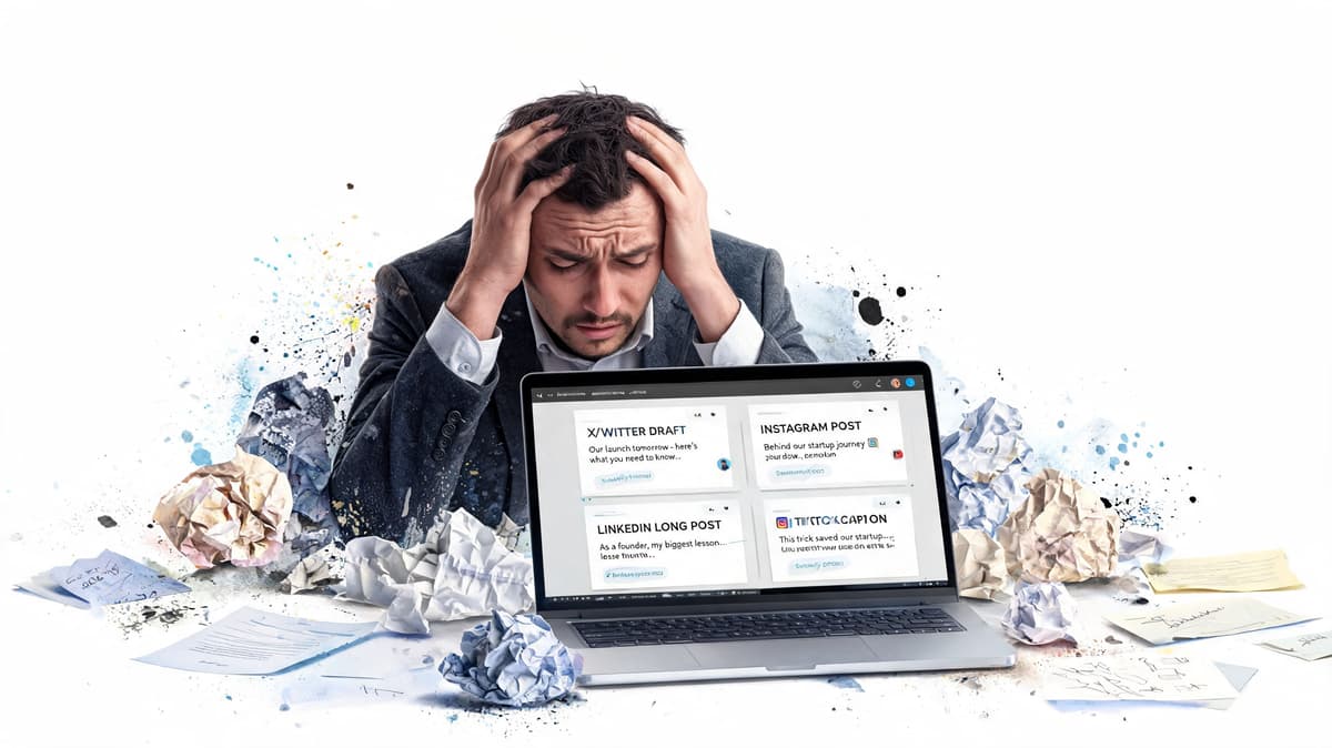 A stressed businessman sits at a desk covered in crumpled paper while using a social media scheduler.