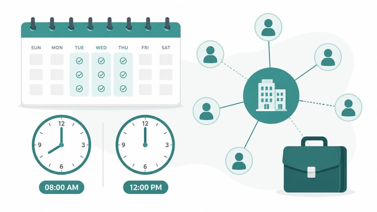 A calendar, clocks set to 08:00 AM and 12:00 PM, and a remote team connecting to a business.