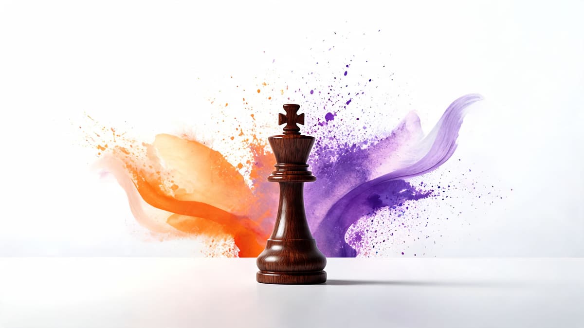 A wooden chess king piece stands centered against a backdrop of vibrant orange and purple powder explosions.