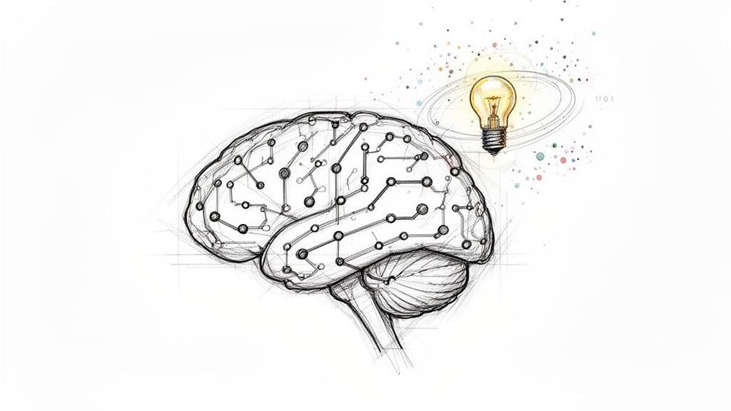 A detailed sketch of a human brain with circuit board elements, accompanied by a glowing light bulb and scattered particles, symbolizing intelligence and innovation.