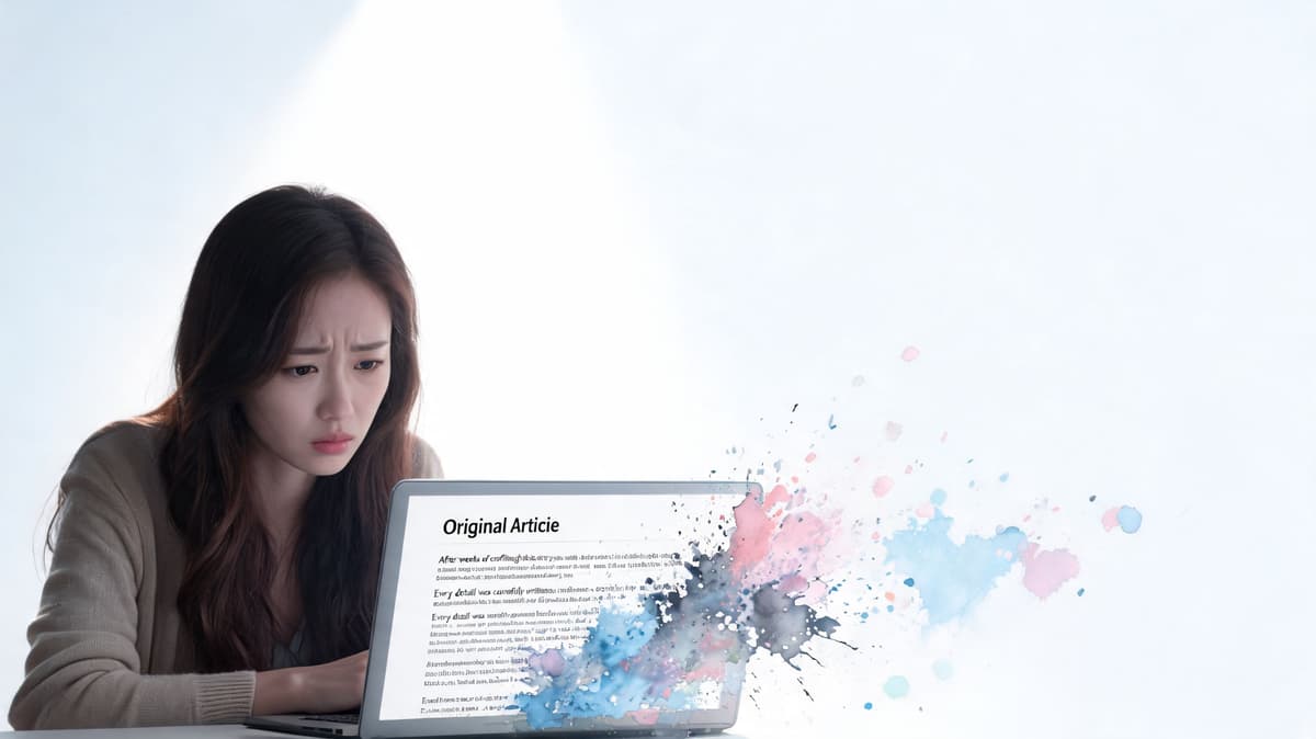 A concerned woman looks at a laptop screen where content is dissolving into colorful digital paint splashes.