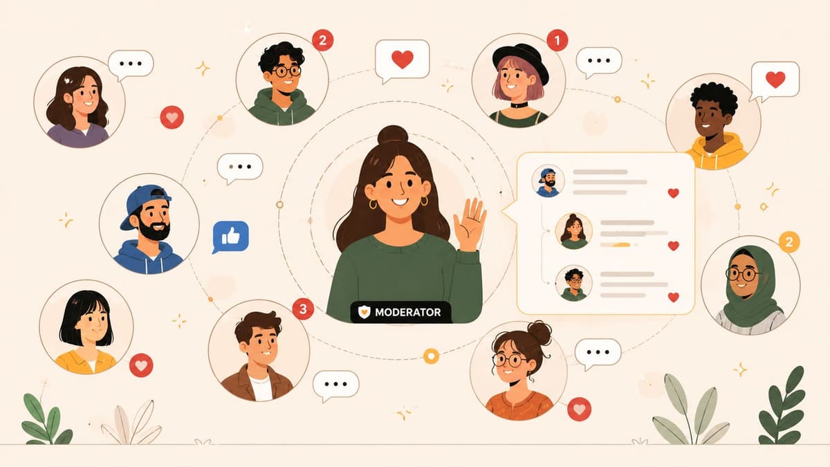A social media moderator communicating with a diverse group of users through various digital chat bubbles.