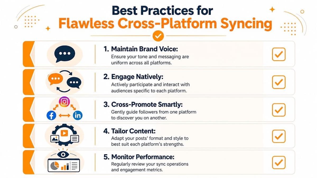 A colorful infographic illustrating five essential best practices for achieving seamless cross-platform social media synchronization and engagement.