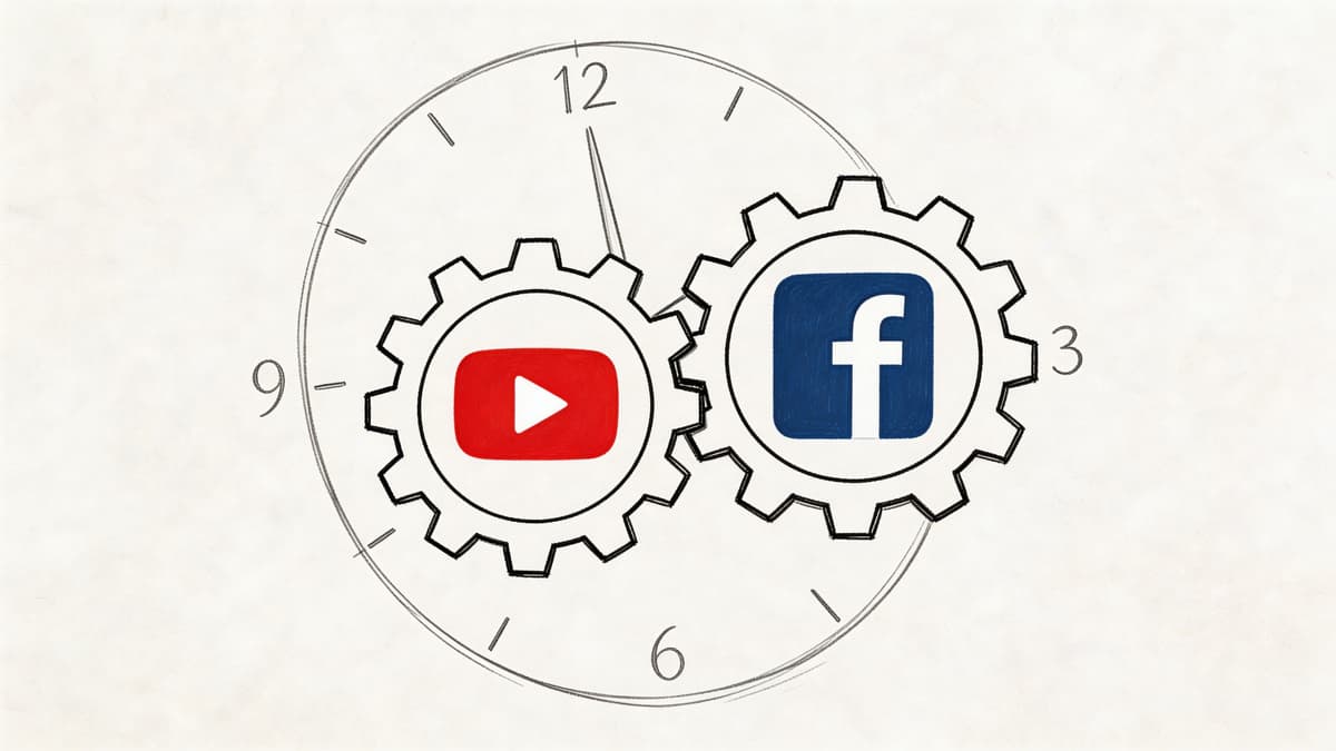 A hand-drawn illustration depicting YouTube and Facebook logos inside interlocking gears, set against a clock face background.