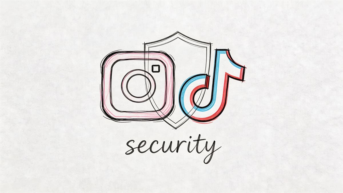 A hand-drawn style illustration featuring Instagram and TikTok logos protected by a shield icon with the word security.