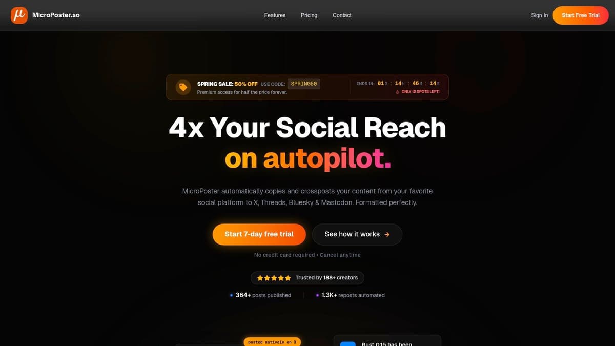 MicroPoster's homepage showing its social media scheduling tools interface