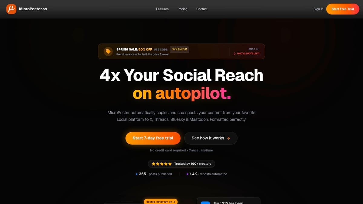 A graphic illustrating MicroPoster's ability to expand social media reach by automating posts across multiple platforms like X, Threads, Bluesky, and Mastodon, centered around the theme of social media comment tools.