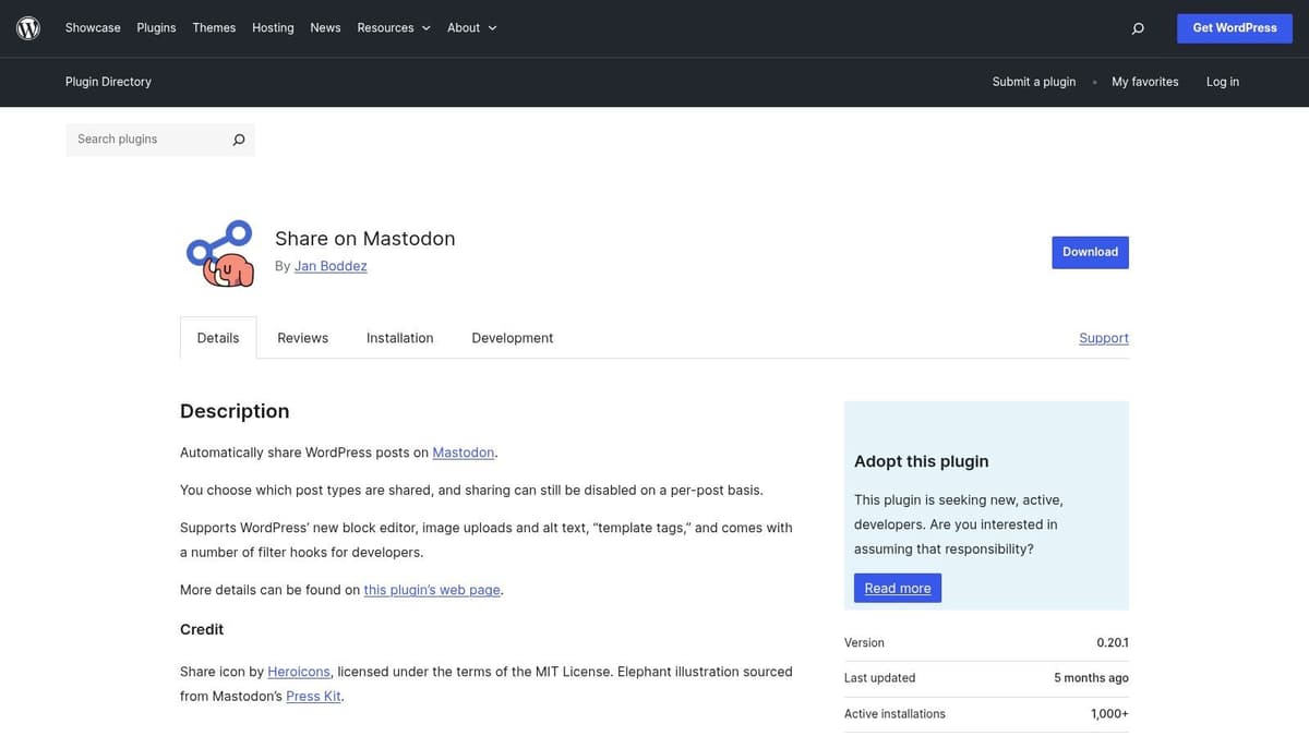 Share on Mastodon (WordPress plugin)