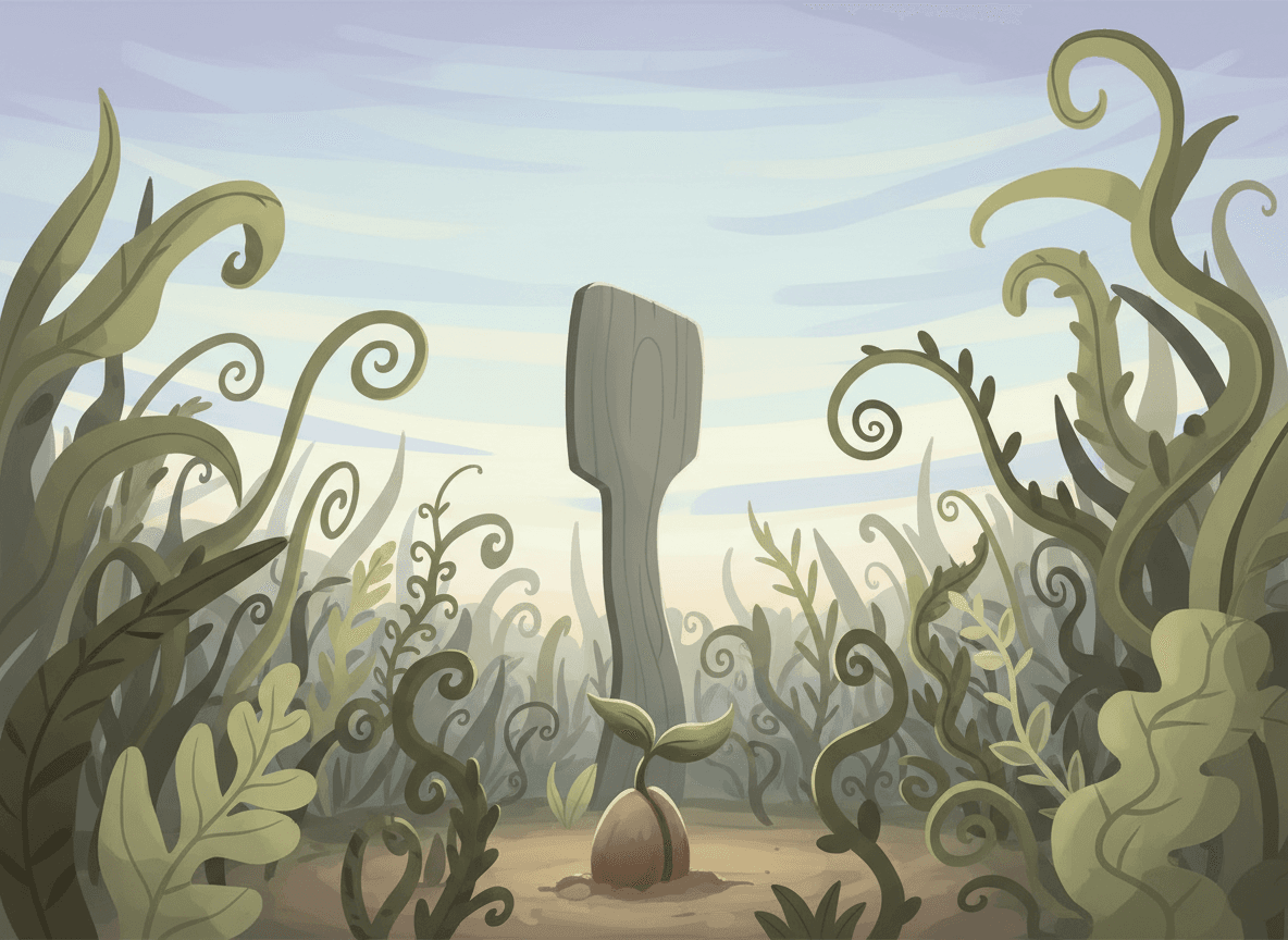 Illustration of a small sprout emerging from a cracked seed, surrounded by curling fern-like plants, with a tall wooden post standing in the background.