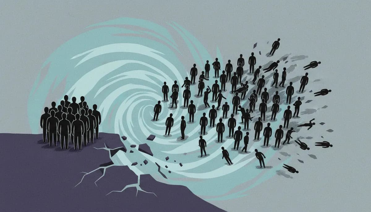 Illustration of silhouetted human figures being swept off a cracked cliff edge into a swirling teal vortex, with a smaller group standing safely at the edge.
