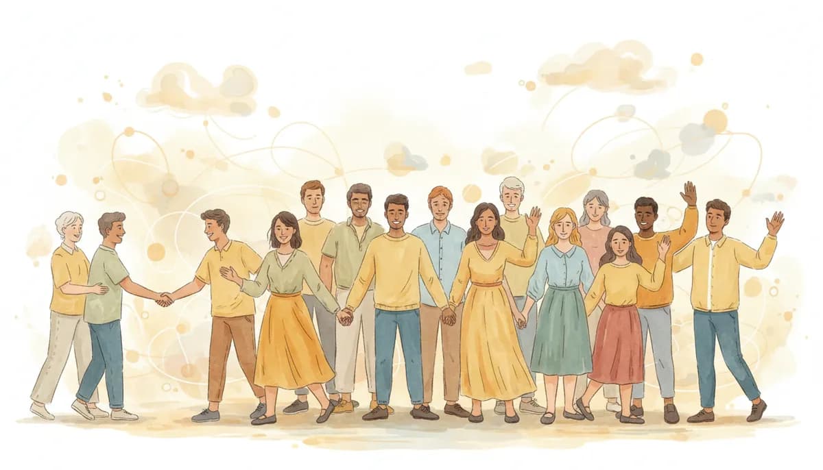 Watercolor illustration of a diverse group of people standing together, holding hands and waving, symbolizing unity and community.