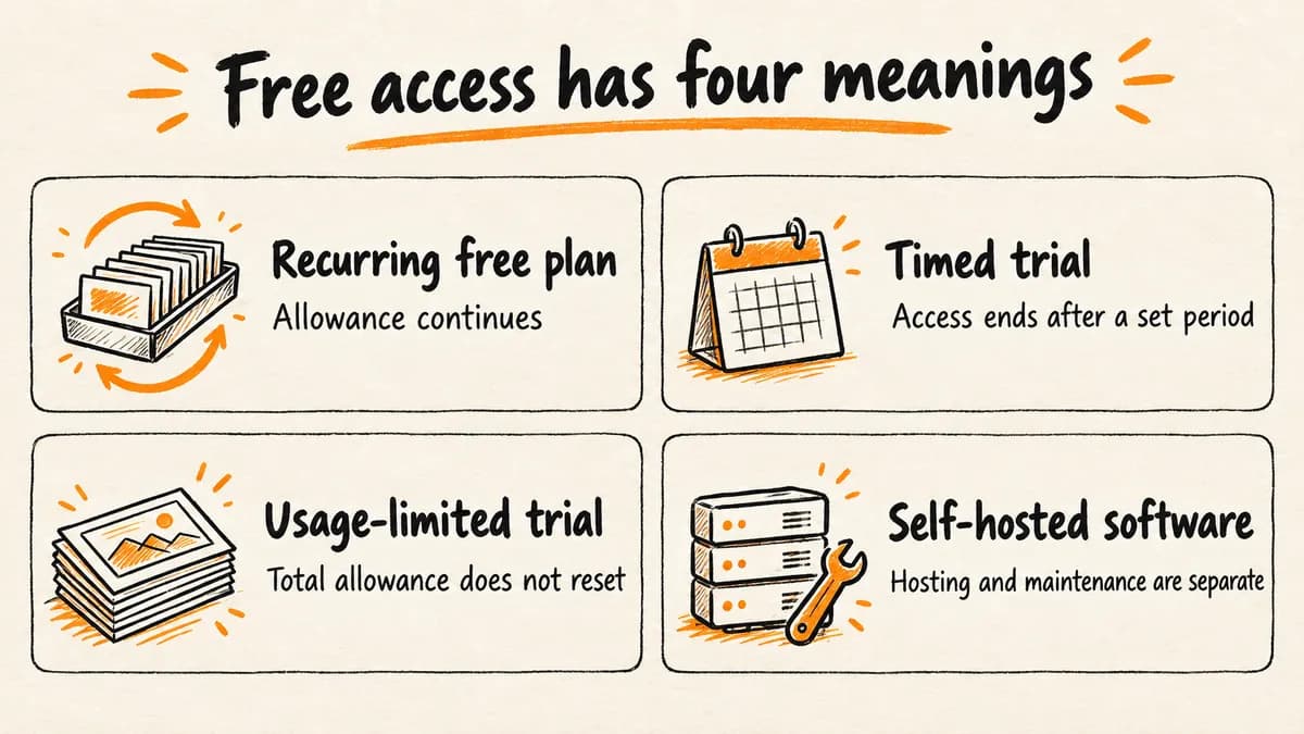 Four access models compared: recurring free plan, timed trial, usage-limited trial, and self-hosted software.