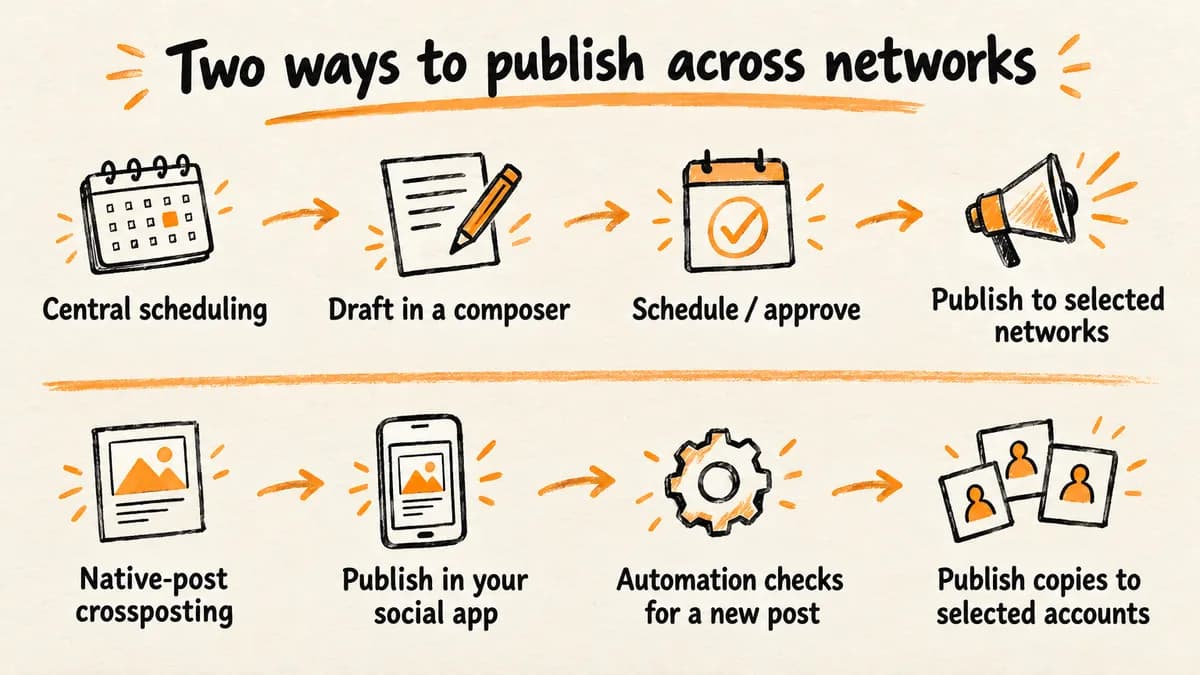 Two publishing workflows: compose and schedule centrally, or publish natively and crosspost after an automation check.